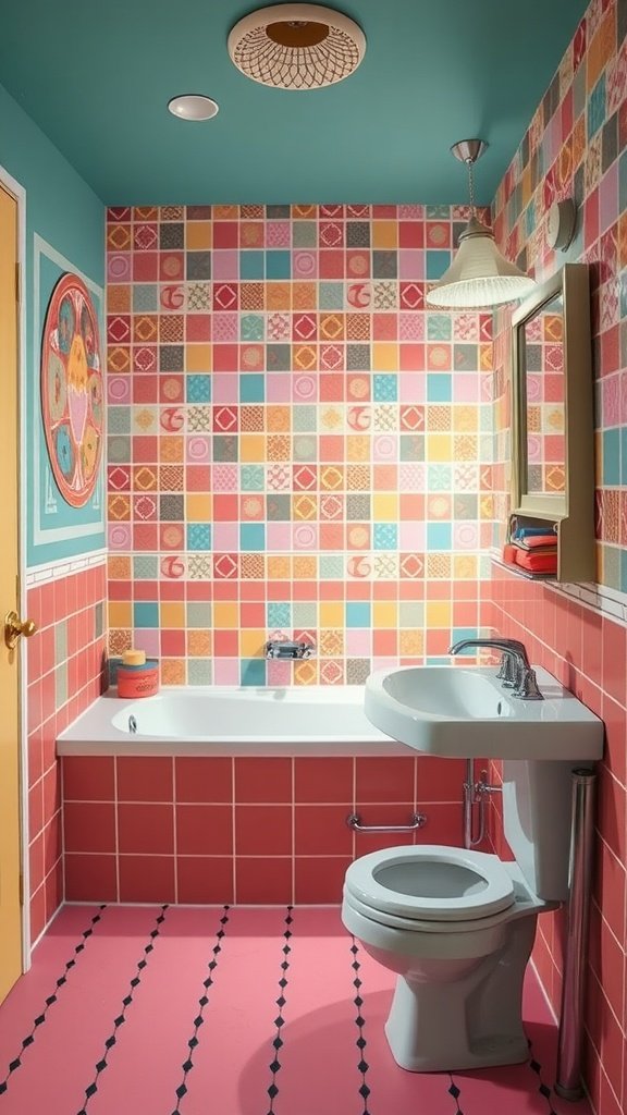 A vibrant 70s inspired bathroom with colorful tiled walls and a pink floor.