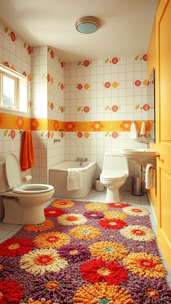 A colorful 70s bathroom with a vibrant shag rug featuring floral patterns in bright colors like red, yellow, and purple.