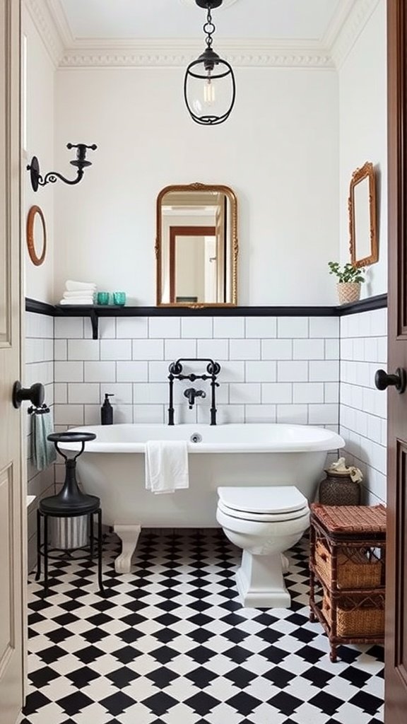 A Victorian bathroom featuring a checkerboard floor, freestanding bathtub, and elegant fixtures.