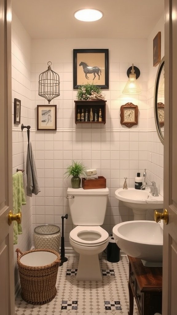 A small bathroom decorated with vintage accents including framed art, a birdcage, and rustic storage options.