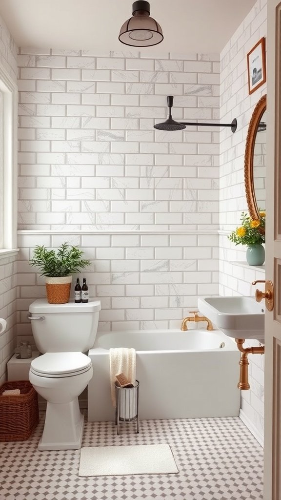 A modern bathroom featuring vintage accents with subway tiles, patterned flooring, and a round mirror.