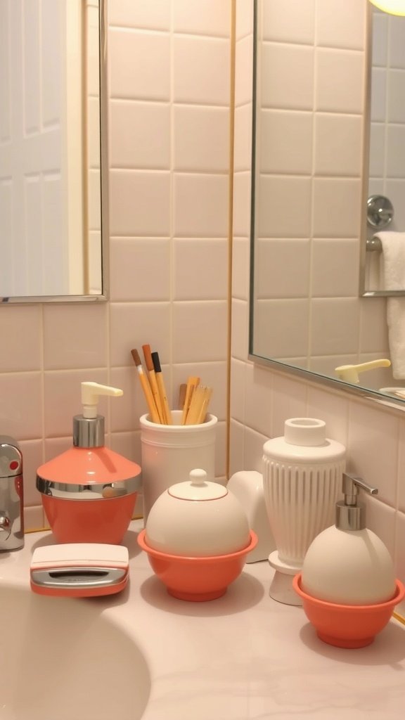 Vintage bathroom accessories from the 70s featuring a mix of colorful containers and stylish designs.