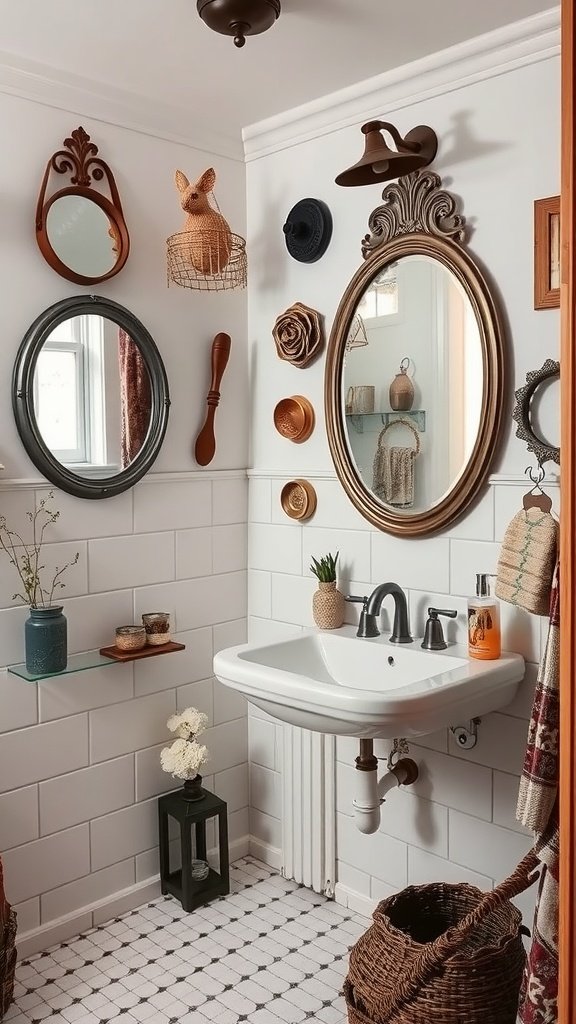 A cozy Boho bathroom featuring vintage mirrors, woven baskets, and a potted plant.