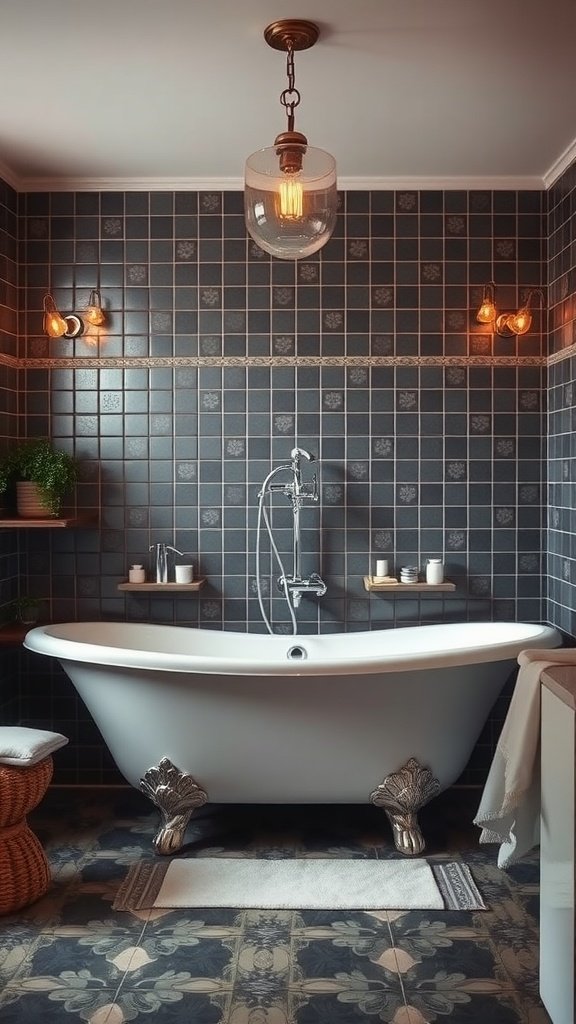 A vintage freestanding bathtub with clawfoot design in a stylish bathroom setting.