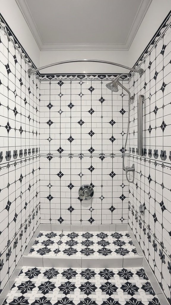 A vintage black and white tiled walk-in shower with intricate patterns on the walls and floor.