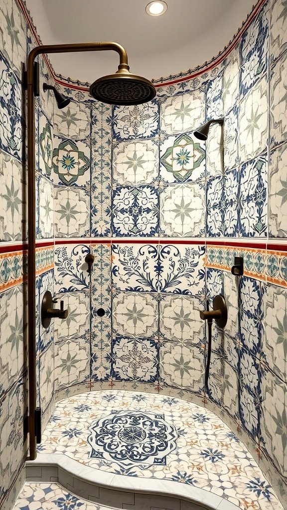 A walk-in shower featuring vintage cement tiles with intricate patterns in blue and green, accented by bronze fixtures.