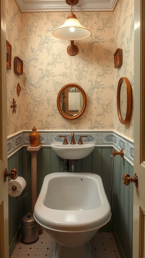 A vintage-style bathroom featuring floral wallpaper, brass fixtures, and classic mirrors.