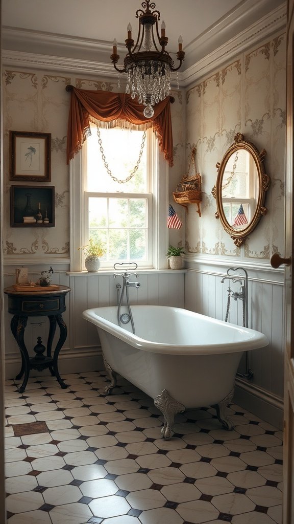 A vintage bathroom featuring a clawfoot tub, ornate chandelier, and patterned floor tiles.