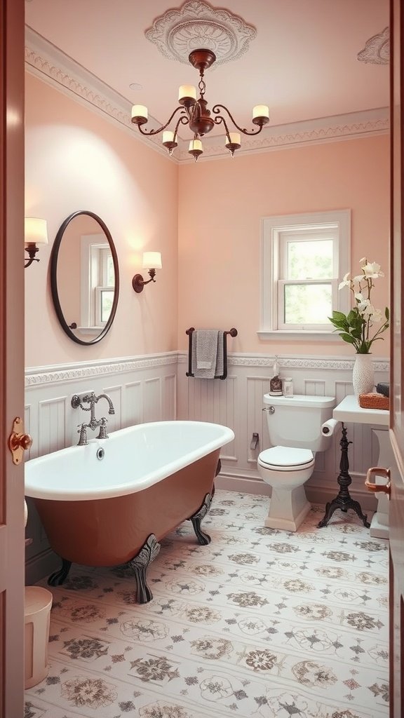 Vintage bathroom with clawfoot tub, chandelier, and beautiful decor