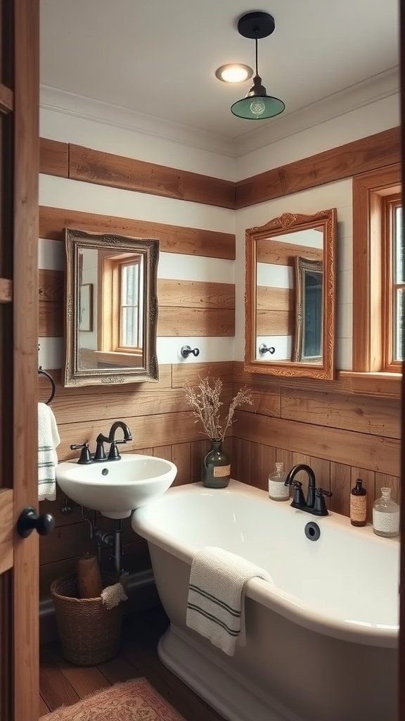 Cozy vintage farmhouse bathroom with wood paneling and elegant fixtures