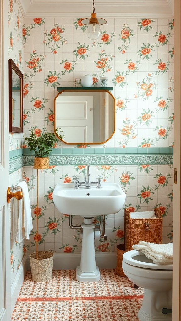 A vintage floral bathroom design featuring patterned tiles on the walls and floor, a white sink, and natural decor.