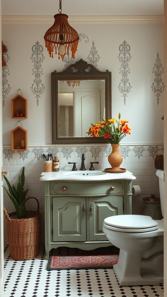A charming vintage bathroom with a green vanity, patterned rug, and a wicker pendant lamp.