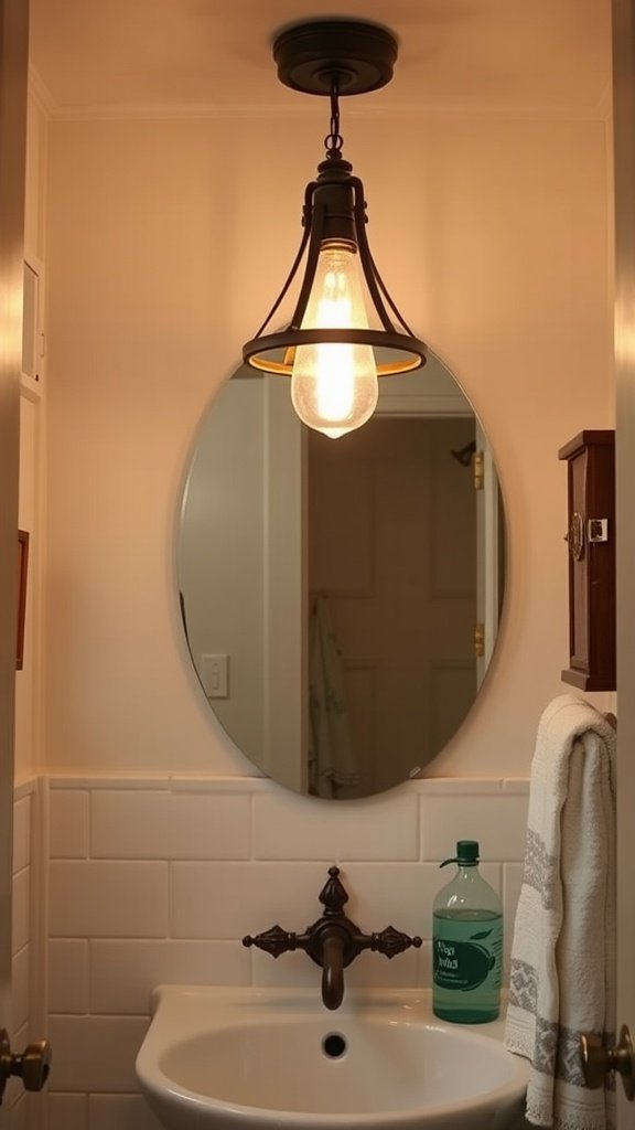 A vintage light fixture hanging above a bathroom sink, illuminating the space with warm light.