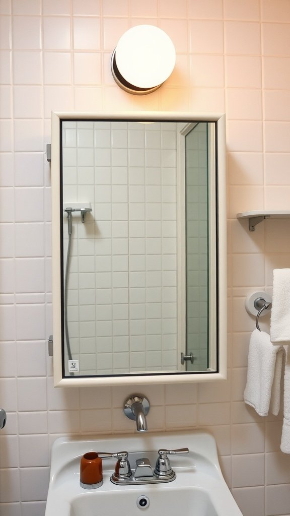 A vintage medicine cabinet in a bathroom with pink tiles and a round light fixture