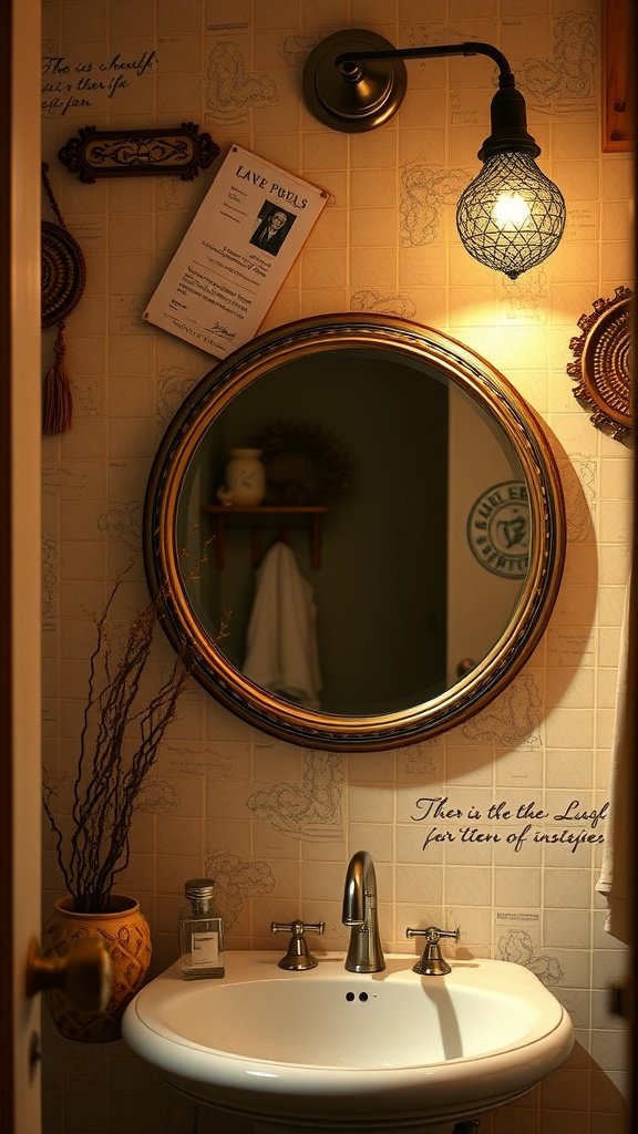A vintage round mirror with a golden frame in a boho bathroom, surrounded by warm lighting and rustic decor.
