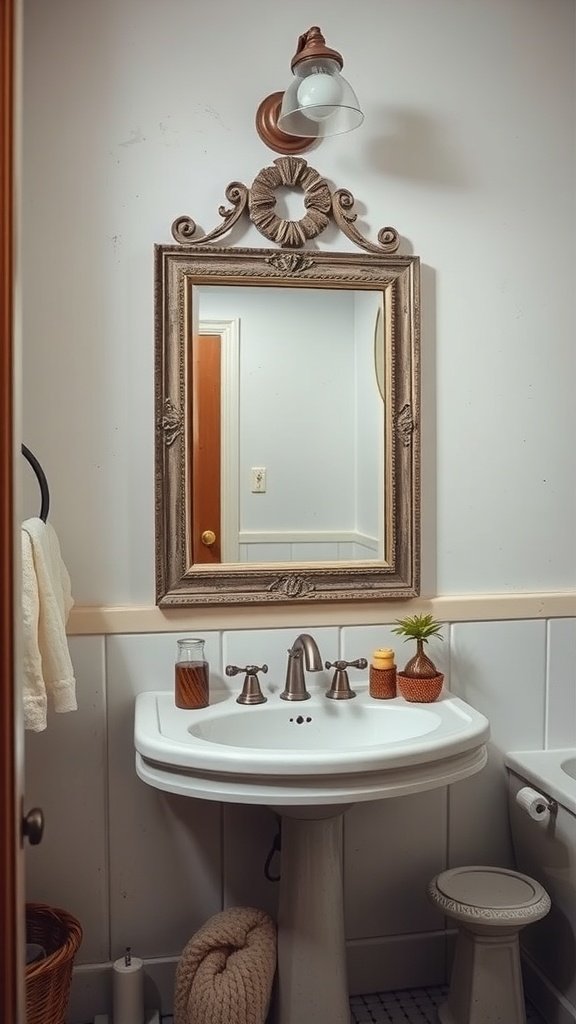 A vintage mirror with a distressed finish above a white sink in a cozy bathroom.