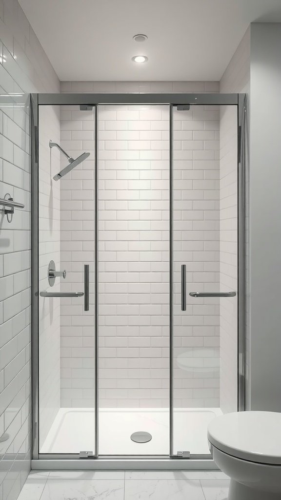 A modern walk-in shower with glass doors in a small bathroom.