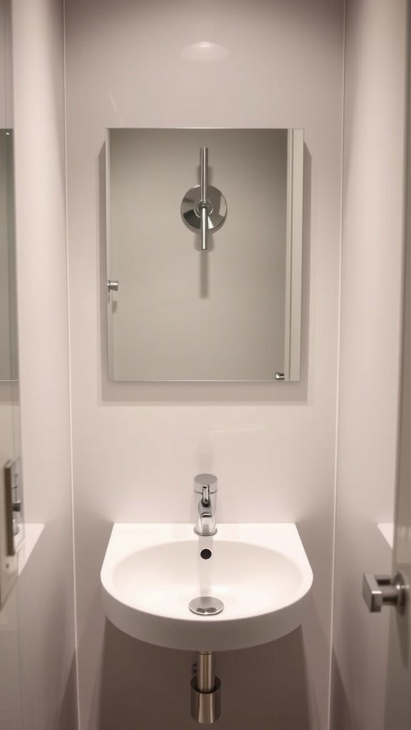 A modern wall-mounted faucet above a small basin in a compact bathroom