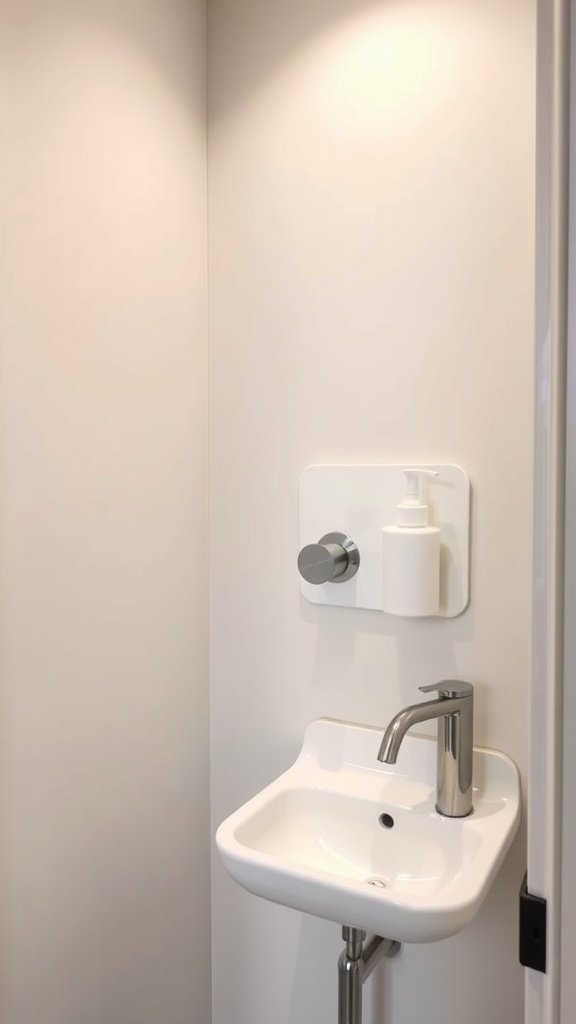 A modern wall-mounted soap dispenser above a small sink in a minimalist bathroom.