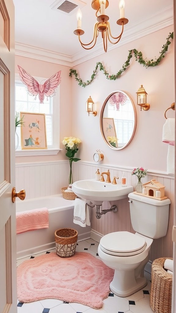 Charming bathroom with pink walls, decorative chandelier, and stylish fixtures.