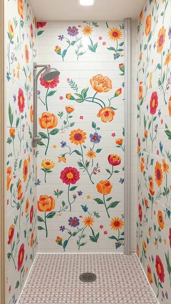 A vibrant walk-in shower with floral tile patterns on the walls in various colors