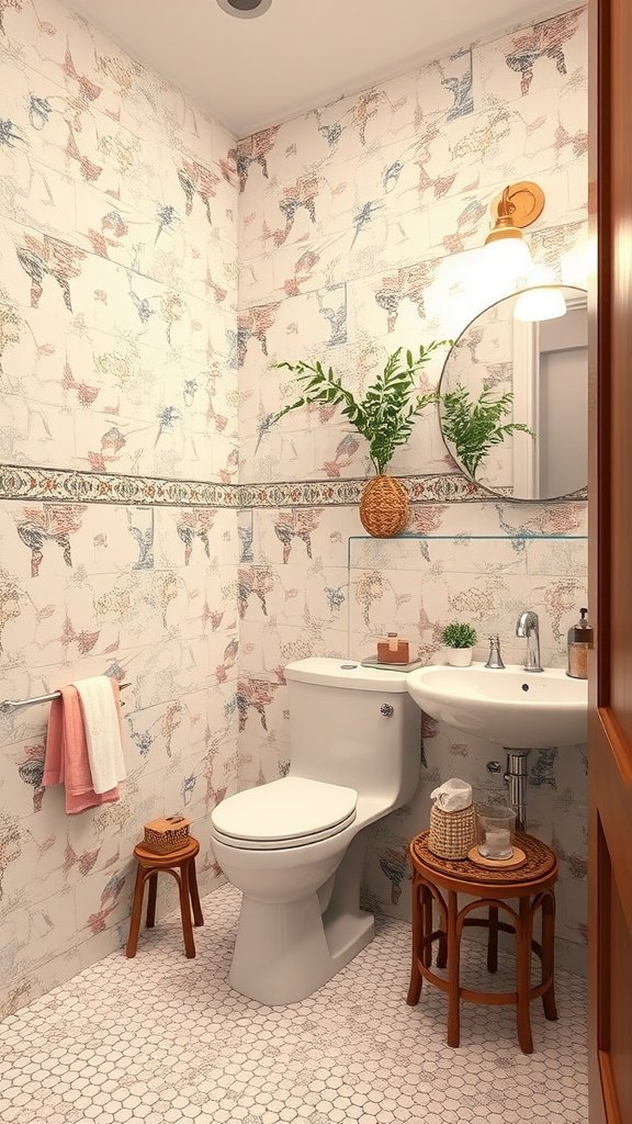 A small bathroom featuring whimsical wallpaper, round mirror, and decorative textiles.