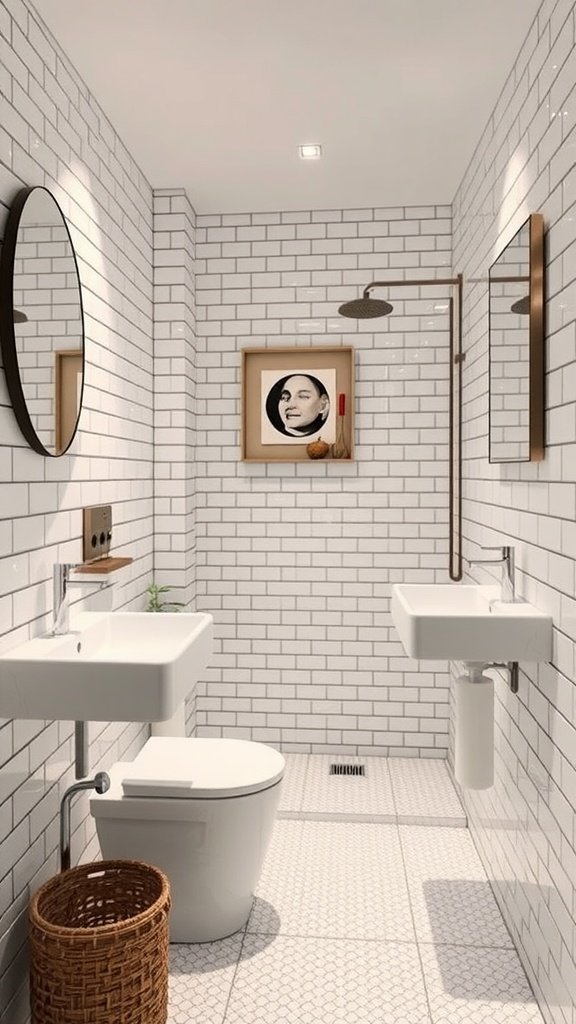 A small bathroom featuring white mosaic tiles on the walls and floor, a wall-mounted sink, and modern fixtures.