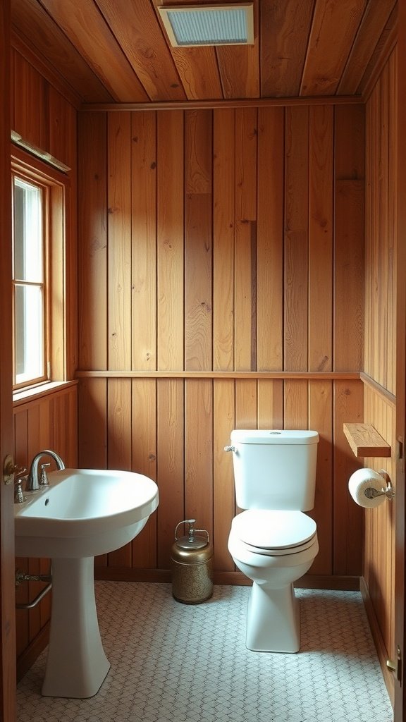 A small bathroom with wood paneling, featuring a white sink and toilet, creating a warm and inviting atmosphere.