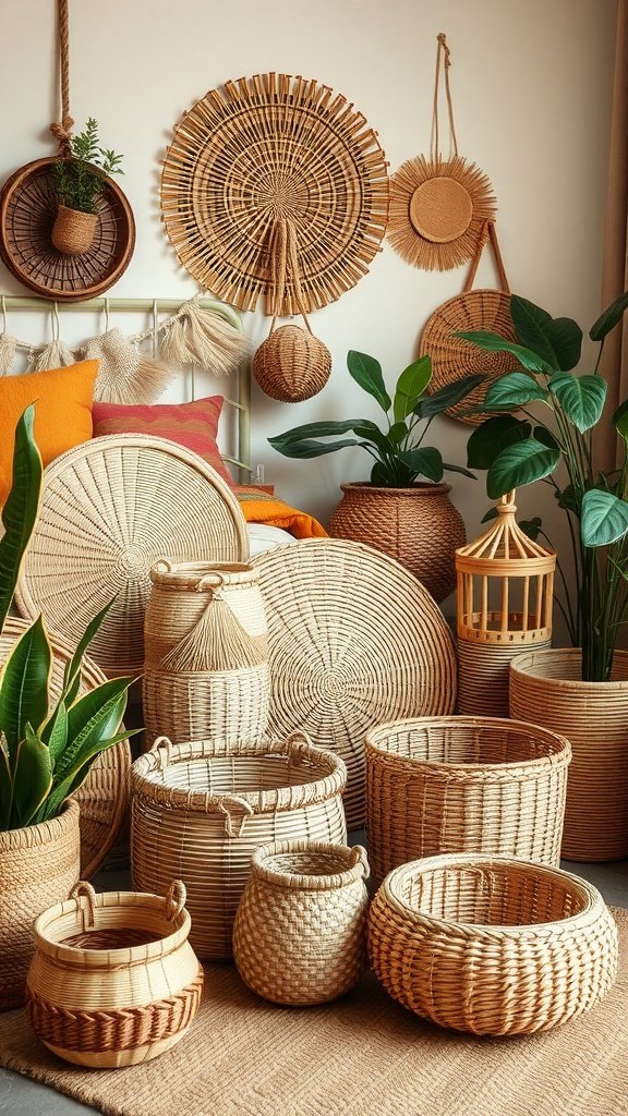 An assortment of woven baskets of different sizes and textures arranged in a boho style bedroom setting.