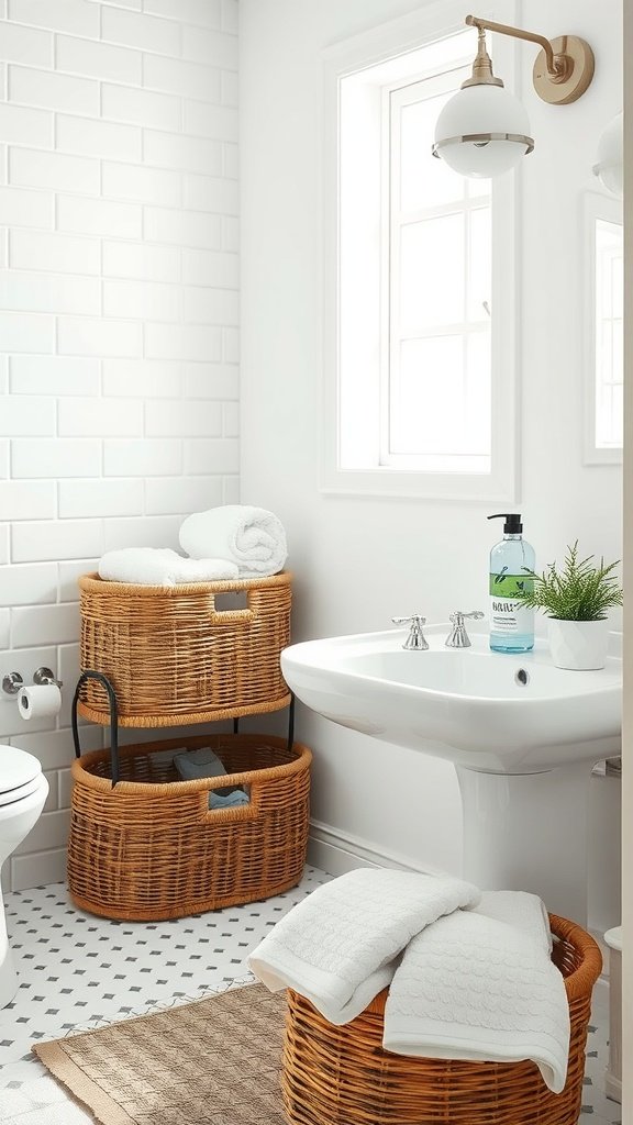 A bright bathroom featuring woven baskets for storage, stacked and styled with towels.