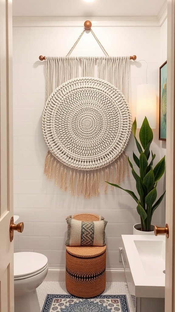A woven wall art piece hanging in a Boho style bathroom, featuring a circular design and soft textures.