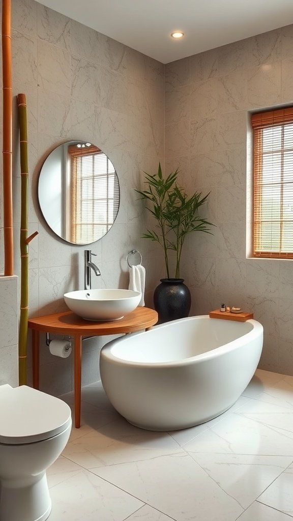 A modern Zen-inspired bathroom with wooden accents, plants, and a sleek bathtub.